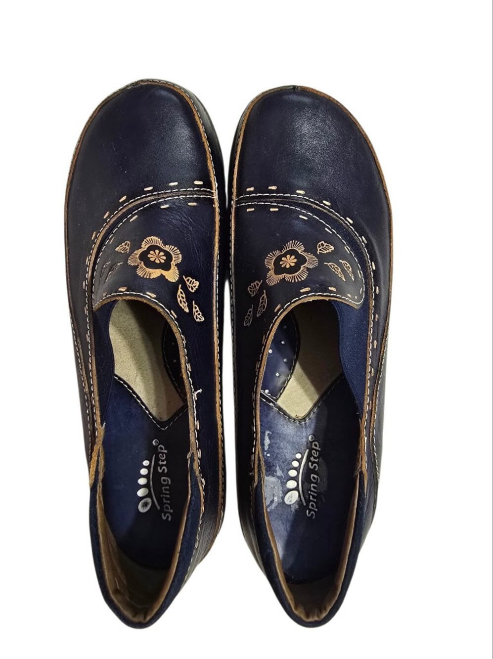 Spring Step Navy Leather Slip-On Mules with Gold Floral Embroidery